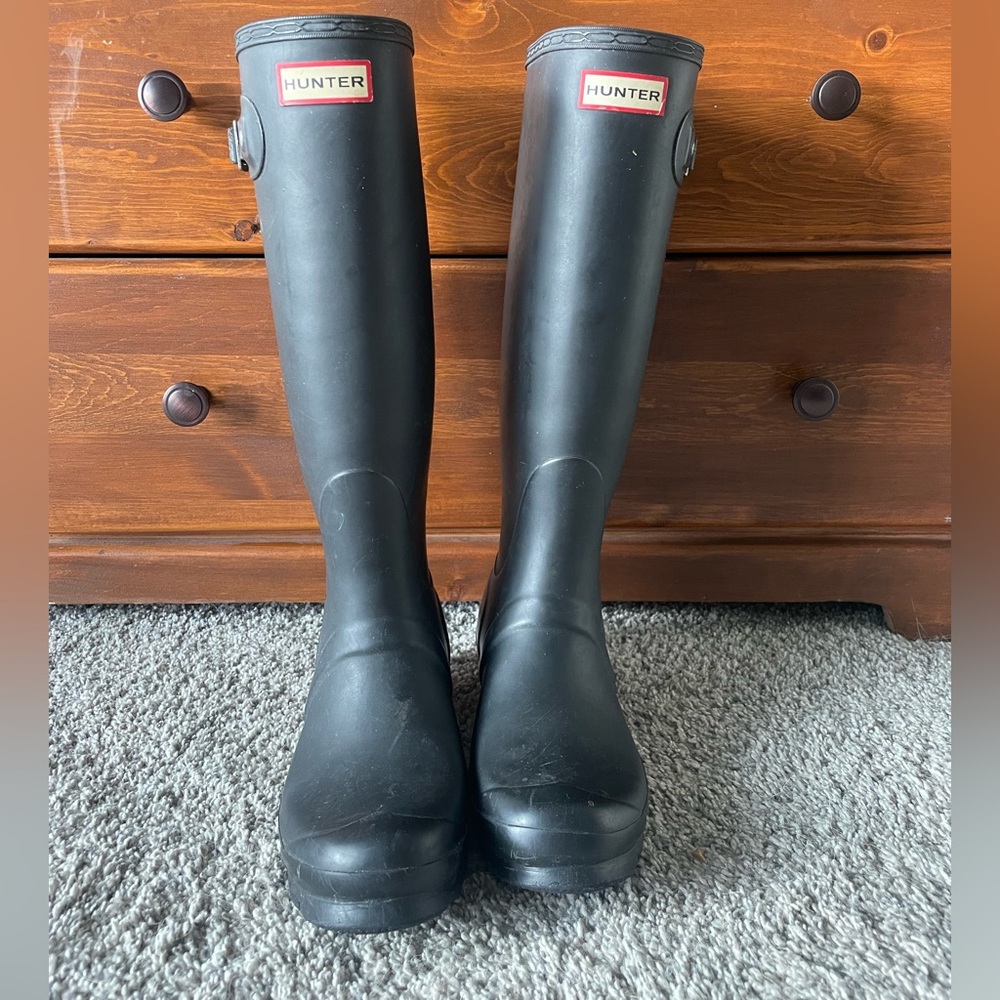 Tall black matte hunter rain boots
